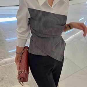 Commense White Button-Up with Gray Pinstripe Draped Panel